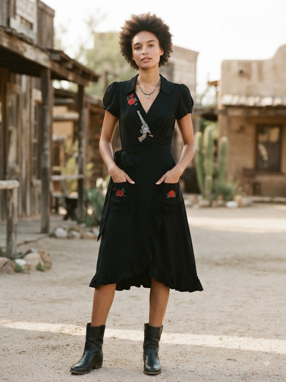 Lucky 13 Black Western Guns and Roses Embroidered Short Sleeve Wrap Dress XS - Picture 4 of 13